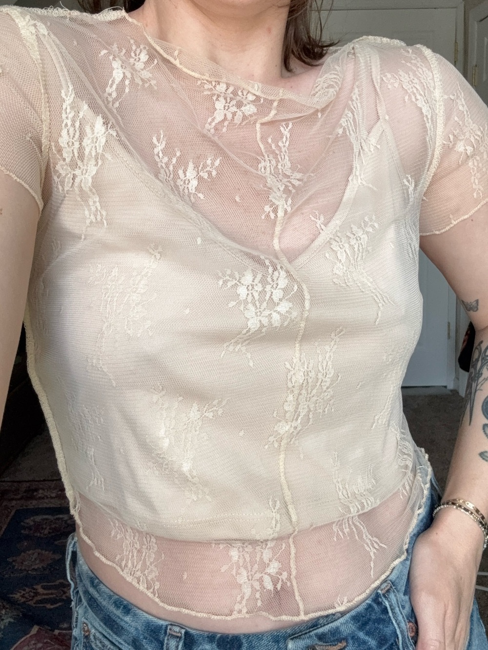 Sheer Lace Short-Sleeve Crop Top in Cream